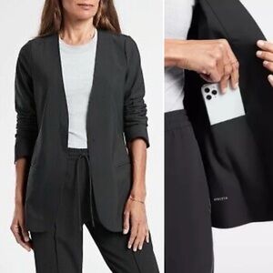 Athleta Avenue Black Euroluxe Single Breasted Collarless Stretch Blazer Jacket